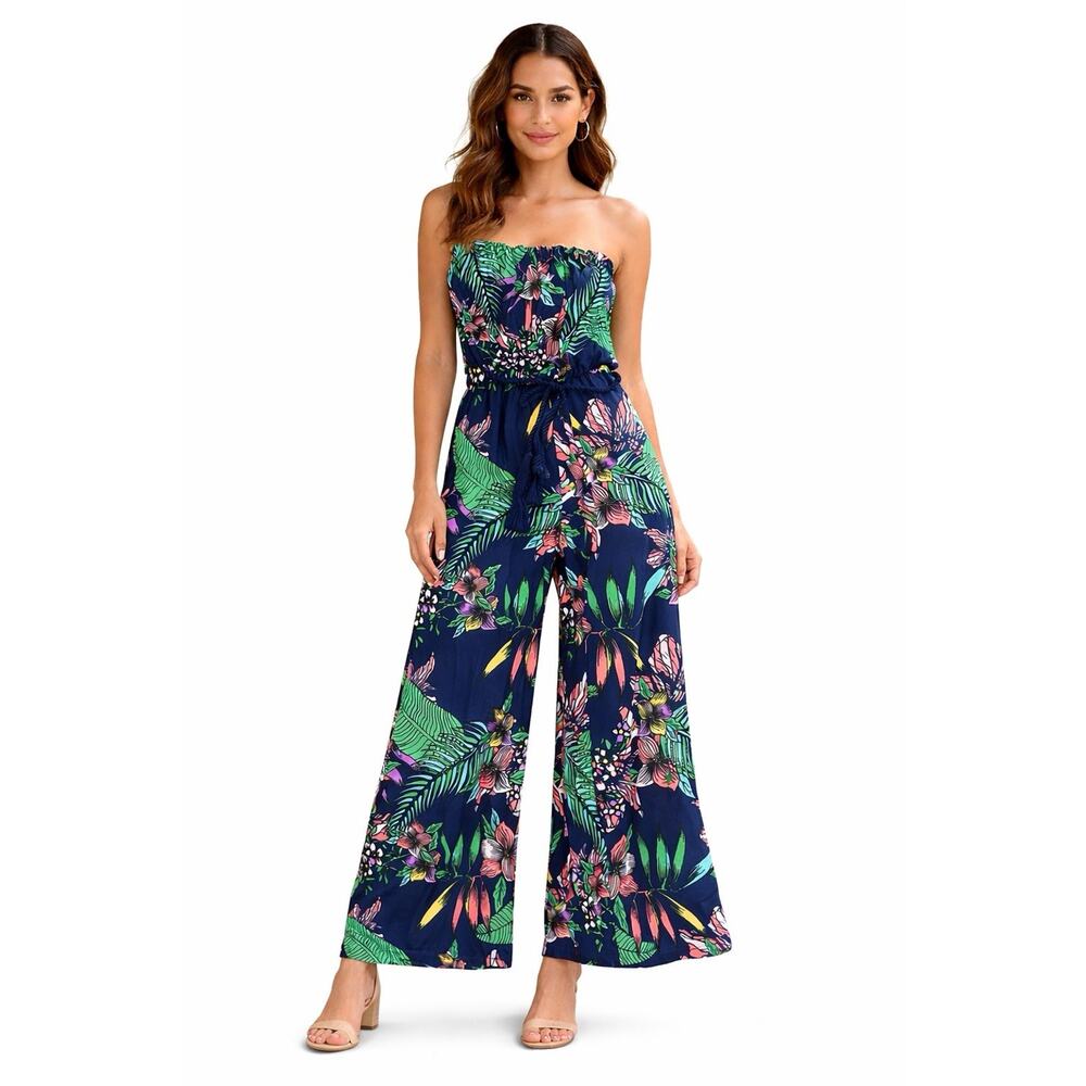 Strapless Tropical Floral Wide Leg Jumpsuit Rope Belt Resort Vacation Medium